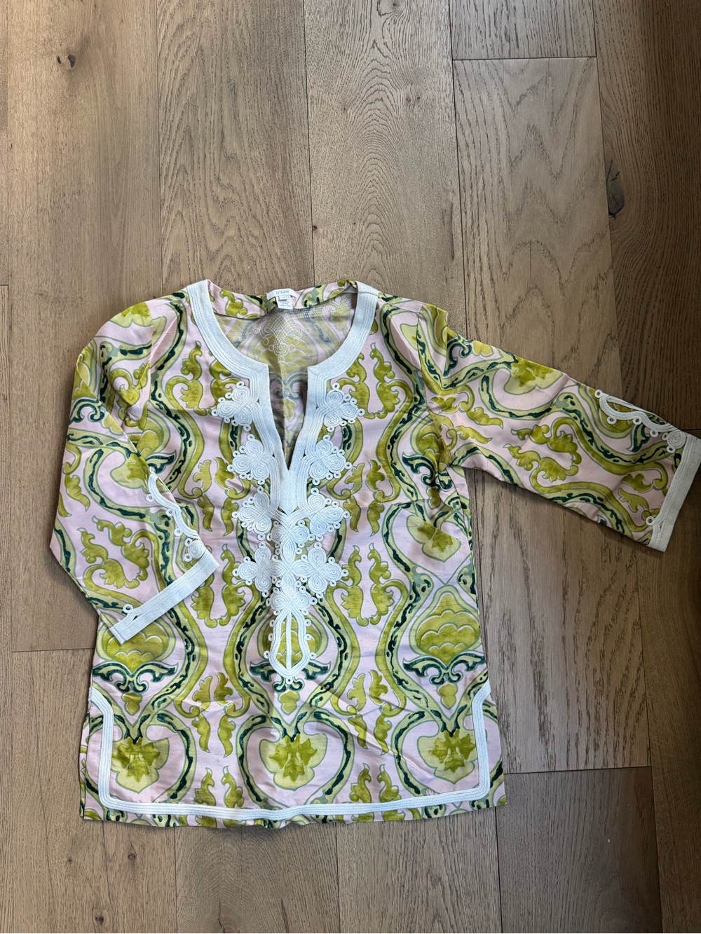 Silk Printed Tunic Top with Embroidered Placket - Pink & Green